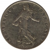 obverse of 1 Franc (1959 - 2001) coin with KM# 925.1 from France. Inscription: REPUBLIQUE FRANÇAISE O. Roty