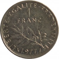 reverse of 1 Franc (1959 - 2001) coin with KM# 925.1 from France. Inscription: LIBERTE · EGALITE · FRATERNITE 1 FRANC 1977