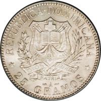 obverse of 1 Peso (1897) coin with KM# 16 from Dominican Republic. Inscription: REPUBLICA DOMINICANA * 25 GRAMOS *