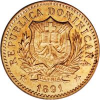 obverse of 5 Centesimos de Franco (1891) coin with KM# 8 from Dominican Republic. Inscription: REPUBLICA DOMINICANA DIOS PATRIA LIBERTAD 1891