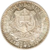 obverse of 1 Franco (1891) coin with KM# 11 from Dominican Republic. Inscription: REPUBLICA DOMINICANA GRAM 5 LEI 836