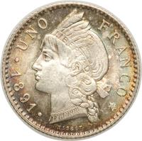 Dominican Republic coin 1 Franco (1891) reverse reverse of 1 Franco (1891) coin with KM# 11 from Dominican Republic. Inscription: UNO FRANCO 1891