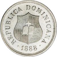 obverse of 1 1/4 Centavos (1882 - 1888) coin with KM# 6 from Dominican Republic. Inscription: REPUBLICA DOMINICANA 1888