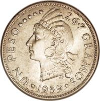 Dominican Republic coin 1 Peso (1939 - 1952) reverse reverse of 1 Peso (1939 - 1952) coin with KM# 22 from Dominican Republic. Inscription: UN PESO 26.7 GRAMOS 1952