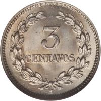 reverse of 3 Centavos (1889 - 1913) coin with KM# 107 from El Salvador. Inscription: 3 CENTAVOS