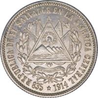 obverse of 25 Centavos (1914) coin with KM# 126 from El Salvador. Inscription: REPUBLICA DE EL SALVADOR EN LA AMERICA CENTRAL 15 DE SEPT DE 1821 DIOS UNION LIBERTAD 835*1914