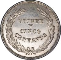 reverse of 25 Centavos (1914) coin with KM# 126 from El Salvador. Inscription: VEINTE Y CINCO CENTAVOS