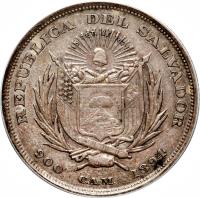 obverse of 50 Centavos (1892 - 1894) coin with KM# 113 from El Salvador. Inscription: REPUBLICA DEL SALVADOR 900 C.A.M. 1894
