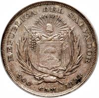 El Salvador coin 50 Centavos (1892 - 1894) obverse obverse of 50 Centavos (1892 - 1894) coin with KM# 113 from El Salvador. Inscription: REPUBLICA DEL SALVADOR 900 C.A.M. 1894