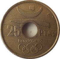 reverse of 25 Pesetas - Juan Carlos I - Barcelona '92 discus throw (1990 - 1991) coin with KM# 850 from Spain. Inscription: 25 PTAS barcelona 92