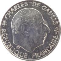 obverse of 1 Franc - 30th Anniversary of Fifth Republic (1988) coin with KM# 963 from France. Inscription: CHARLES DE GAULLE ER RÉPUBLIQUE FRANÇAISE