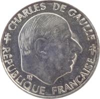 France coin 1 Franc - 30th Anniversary of Fifth Republic (1988) obverse obverse of 1 Franc - 30th Anniversary of Fifth Republic (1988) coin with KM# 963 from France. Inscription: CHARLES DE GAULLE ER RÉPUBLIQUE FRANÇAISE