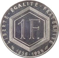 reverse of 1 Franc - 30th Anniversary of Fifth Republic (1988) coin with KM# 963 from France. Inscription: LIBERTÉ · EGALITÉ · FRATERNITÉ 1 F. 1958 · 1988