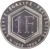 France coin 1 Franc - 30th Anniversary of Fifth Republic (1988) reverse reverse of 1 Franc - 30th Anniversary of Fifth Republic (1988) coin with KM# 963 from France. Inscription: LIBERTÉ · EGALITÉ · FRATERNITÉ 1 F. 1958 · 1988