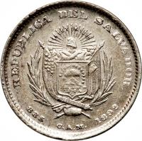 obverse of 20 Centavos (1892) coin with KM# 111 from El Salvador. Inscription: REPÚBLICA DEL SALVADOR 835 C.A.M 1892 15 SET DE 1821