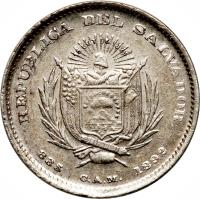 El Salvador coin 20 Centavos (1892) obverse obverse of 20 Centavos (1892) coin with KM# 111 from El Salvador. Inscription: REPÚBLICA DEL SALVADOR 835 C.A.M 1892 15 SET DE 1821