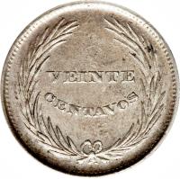 reverse of 20 Centavos (1892) coin with KM# 111 from El Salvador. Inscription: VEINTE CENTAVOS