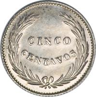 reverse of 5 Centavos (1914) coin with KM# 124 from El Salvador. Inscription: CINCO CENTAVOS