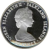 Falkland Islands coin 50 Pence - Elizabeth II - Liberation - Silver Proof Issue (1982) obverse obverse of 50 Pence - Elizabeth II - Liberation - Silver Proof Issue (1982) coin with KM# 18a from Falkland Islands. Inscription: QUEEN ELIZABETH II · FALKLAND ISLANDS · 50 PENCE ·