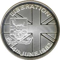 Falkland Islands coin 50 Pence - Elizabeth II - Liberation - Silver Proof Issue (1982) reverse reverse of 50 Pence - Elizabeth II - Liberation - Silver Proof Issue (1982) coin with KM# 18a from Falkland Islands. Inscription: LIBERATION DESIRE THE RIGHT 14th JUNE 1982