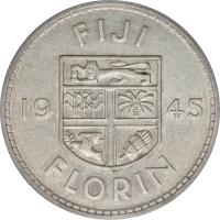 reverse of 1 Florin - George VI (1938 - 1945) coin with KM# 13 from Fiji. Inscription: FIJI 19 45 FLORIN