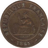 French Cochinchina coin 1 Centime (1879 - 1885) obverse obverse of 1 Centime (1879 - 1885) coin with KM# 3 from French Cochinchina. Inscription: RÉPUBLIQUE FRANCAISE . 1885 . A