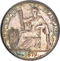 French Cochinchina coin 10 Centimes (1879 - 1885) obverse obverse of 10 Centimes (1879 - 1885) coin with KM# 4 from French Cochinchina. Inscription: REPUBLIQUE FRANCAISE 1879 BARRE