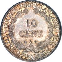 French Cochinchina coin 10 Centimes (1879 - 1885) reverse reverse of 10 Centimes (1879 - 1885) coin with KM# 4 from French Cochinchina. Inscription: COCHINCHINE FRANCAISE 10 CENT A TITRE 0,900 POIDS 2,721