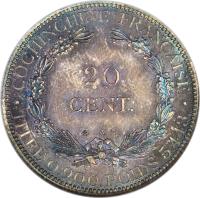French Cochinchina coin 20 Centimes (1879 - 1885) reverse reverse of 20 Centimes (1879 - 1885) coin with KM# 5 from French Cochinchina. Inscription: COCHINCHINE FRANCAISE 20 CENT A TITRE 0,900 POIDS 5,443