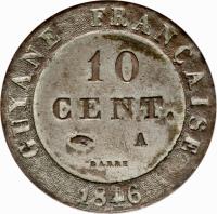 French Guiana coin 10 Centimes - Louis Philippe I (1846) reverse reverse of 10 Centimes - Louis Philippe I (1846) coin with KM# A2 from French Guiana. Inscription: GUYANE FRANÇAISE 10 CENT. A BARRE 1846