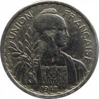 obverse of 1 Piastre (1946 - 1947) coin with KM# 32 from French Indochina. Inscription: UNION FRANCAISE P.TURIN 1947
