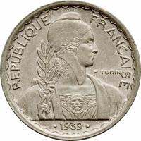 obverse of 10 Centimes - Non magnetic (1939) coin with KM# 21.2 from French Indochina. Inscription: REPUBLIQUE FRANÇAISE P.TURIN 1939