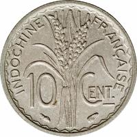 French Indochina coin 10 Centimes - Non magnetic (1939) reverse reverse of 10 Centimes - Non magnetic (1939) coin with KM# 21.2 from French Indochina. Inscription: INDOCHINE FRANÇAISE 10 CENT.