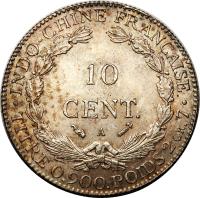 French Indochina coin 10 Centimes (1885 - 1897) reverse reverse of 10 Centimes (1885 - 1897) coin with KM# 2 from French Indochina. Inscription: · INDO-CHINE FRANÇAISE · 10 CENT. A TITRE 0.900 POIDS 2 GR.7