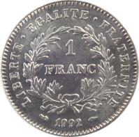 reverse of 1 Franc - 200th Anniversary of French Republic (1992) coin with KM# 1004.1 from France. Inscription: LIBERTÉ · EGALITÉ · FRATERNITÉ 1 FRANC 1992