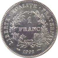 France coin 1 Franc - 200th Anniversary of French Republic (1992) reverse reverse of 1 Franc - 200th Anniversary of French Republic (1992) coin with KM# 1004.1 from France. Inscription: LIBERTÉ · EGALITÉ · FRATERNITÉ 1 FRANC 1992