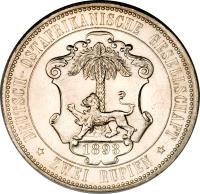 reverse of 2 Rupien - Wilhelm II (1893 - 1894) coin with KM# 5 from German East Africa. Inscription: DEUTSCH-OSTAFRIKANISCHE GESELUSCHAFT ZWEI RUPIEN