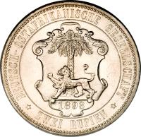 German East Africa coin 2 Rupien - Wilhelm II (1893 - 1894) reverse reverse of 2 Rupien - Wilhelm II (1893 - 1894) coin with KM# 5 from German East Africa. Inscription: DEUTSCH-OSTAFRIKANISCHE GESELUSCHAFT ZWEI RUPIEN