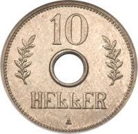 reverse of 10 Heller - Wilhelm II (1908 - 1914) coin with KM# 12 from German East Africa. Inscription: 10 HELLER A
