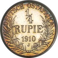 reverse of 1/4 Rupie - Wilhelm II (1904 - 1914) coin with KM# 8 from German East Africa. Inscription: DEUTSCH OSTAFRIKA ¼ RUPIE 1913 J