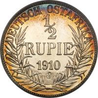 reverse of 1/2 Rupie - Wilhelm II (1904 - 1914) coin with KM# 9 from German East Africa. Inscription: DEUTSCH OSTAFRIKA ½ RUPIE 1904 A