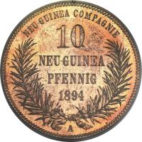 German New Guinea coin 10 Pfennig - Wilhelm II (1894) reverse reverse of 10 Pfennig - Wilhelm II (1894) coin with KM# 3 from German New Guinea. Inscription: NEU-GUINEA COMPAGNIE 10 NEU-GUINEA PFENNIG 1894 A