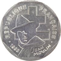 France coin 2 Francs - Jean Moulin (1993) obverse obverse of 2 Francs - Jean Moulin (1993) coin with KM# 1062 from France. Inscription: · RÉPUBLIQUE FRANÇAISE · 1993 JEAN MOULIN ER