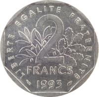 reverse of 2 Francs - Jean Moulin (1993) coin with KM# 1062 from France. Inscription: LIBERTE EGALITE FRATERNITE 2 FRANCS 1993