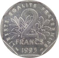 France coin 2 Francs - Jean Moulin (1993) reverse reverse of 2 Francs - Jean Moulin (1993) coin with KM# 1062 from France. Inscription: LIBERTE EGALITE FRATERNITE 2 FRANCS 1993