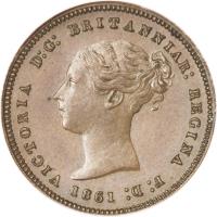 Gibraltar coin 1/2 Quart - Victoria (1842 - 1861) obverse obverse of 1/2 Quart - Victoria (1842 - 1861) coin with KM# 1 from Gibraltar. Inscription: VICTORIA D:G: BRITANNIAR: REGINA F:D: 1861