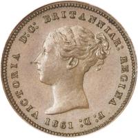 obverse of 1/2 Quart - Victoria (1842 - 1861) coin with KM# 1 from Gibraltar. Inscription: VICTORIA D:G: BRITANNIAR: REGINA F:D: 1861