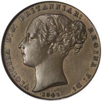 obverse of 1 Quart - Victoria (1841 - 1861) coin with KM# 2 from Gibraltar. Inscription: VICTORIA D:G: BRITANNIAR: REGINA F: D: 1841