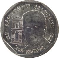 obverse of 2 Francs - Louis Pasteur (1995) coin with KM# 1119 from France. Inscription: RÉPUBLIQUE FRANÇAISE P. RODIER 1822 Louis PASTEUR 1895