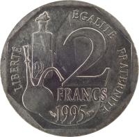 reverse of 2 Francs - Louis Pasteur (1995) coin with KM# 1119 from France. Inscription: LIBERTÉ ÉGALITÉ FRATERNITÉ 2 FRANCS 1995